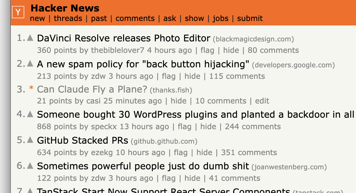 Hacker News front page showing Can Claude Fly a Plane? at rank 3