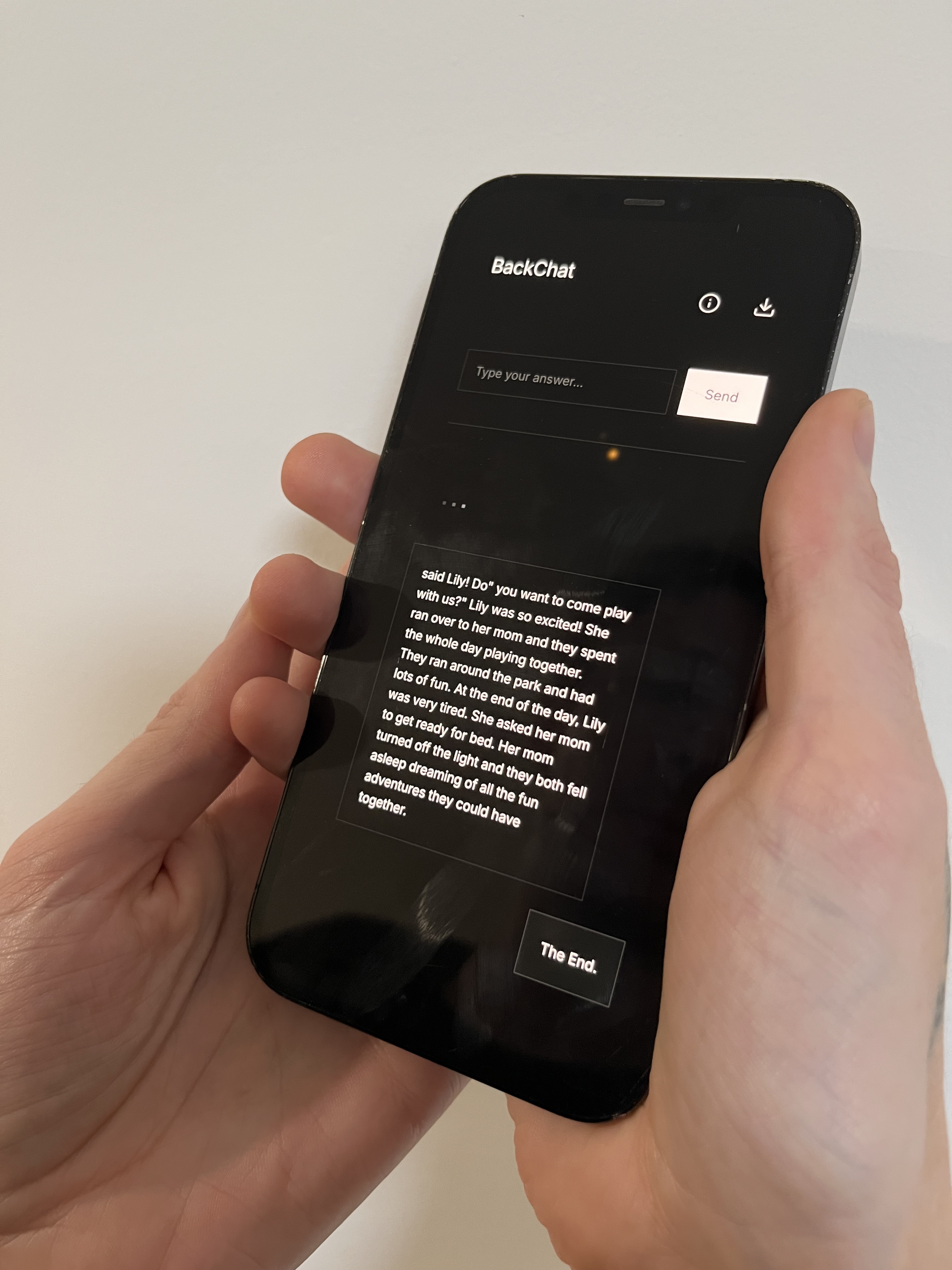BackChat on a phone, generating a story upward from the ending
