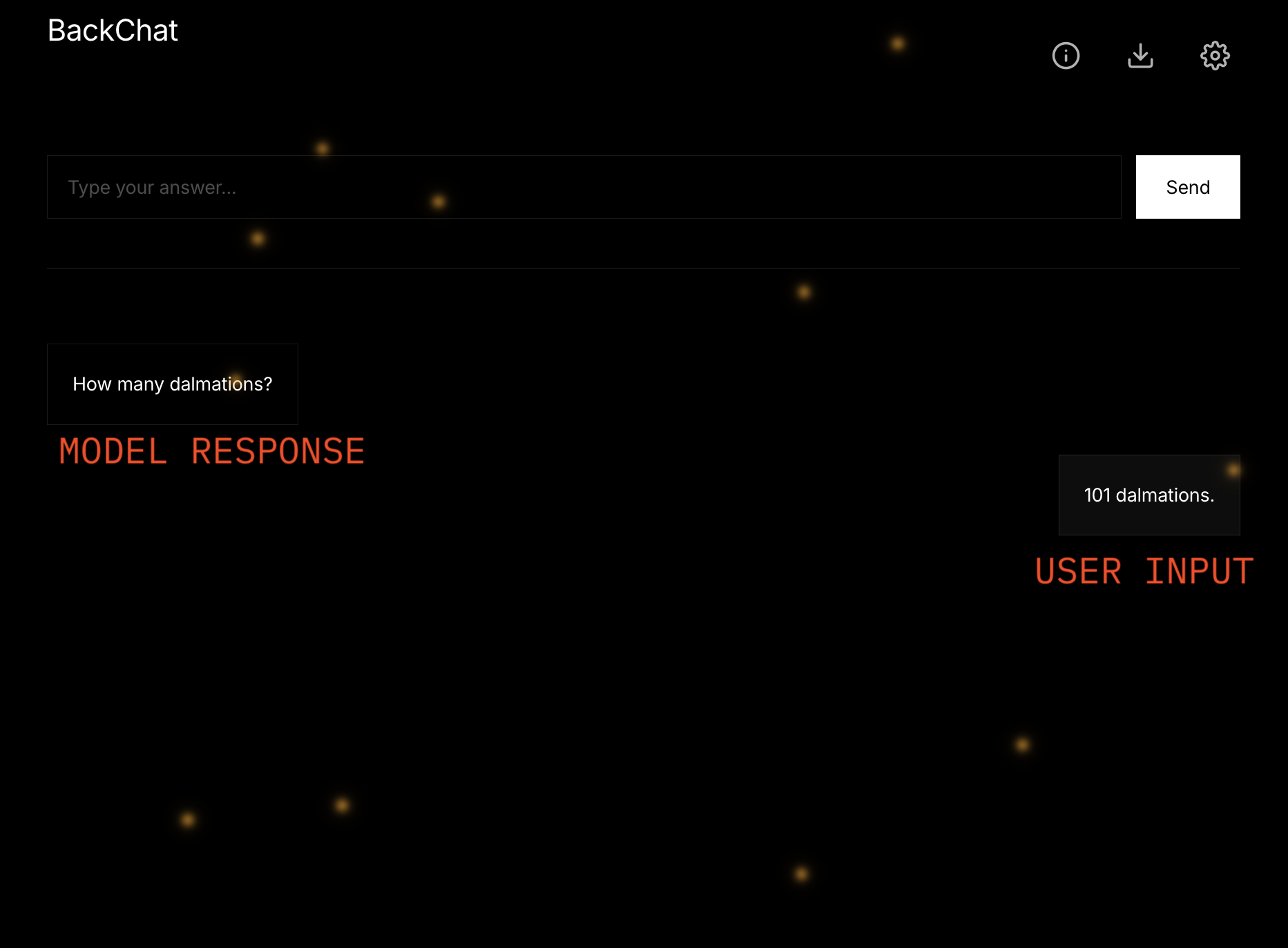 Annotated screenshot: user input '101 dalmations.' produces model response 'How many dalmations?'