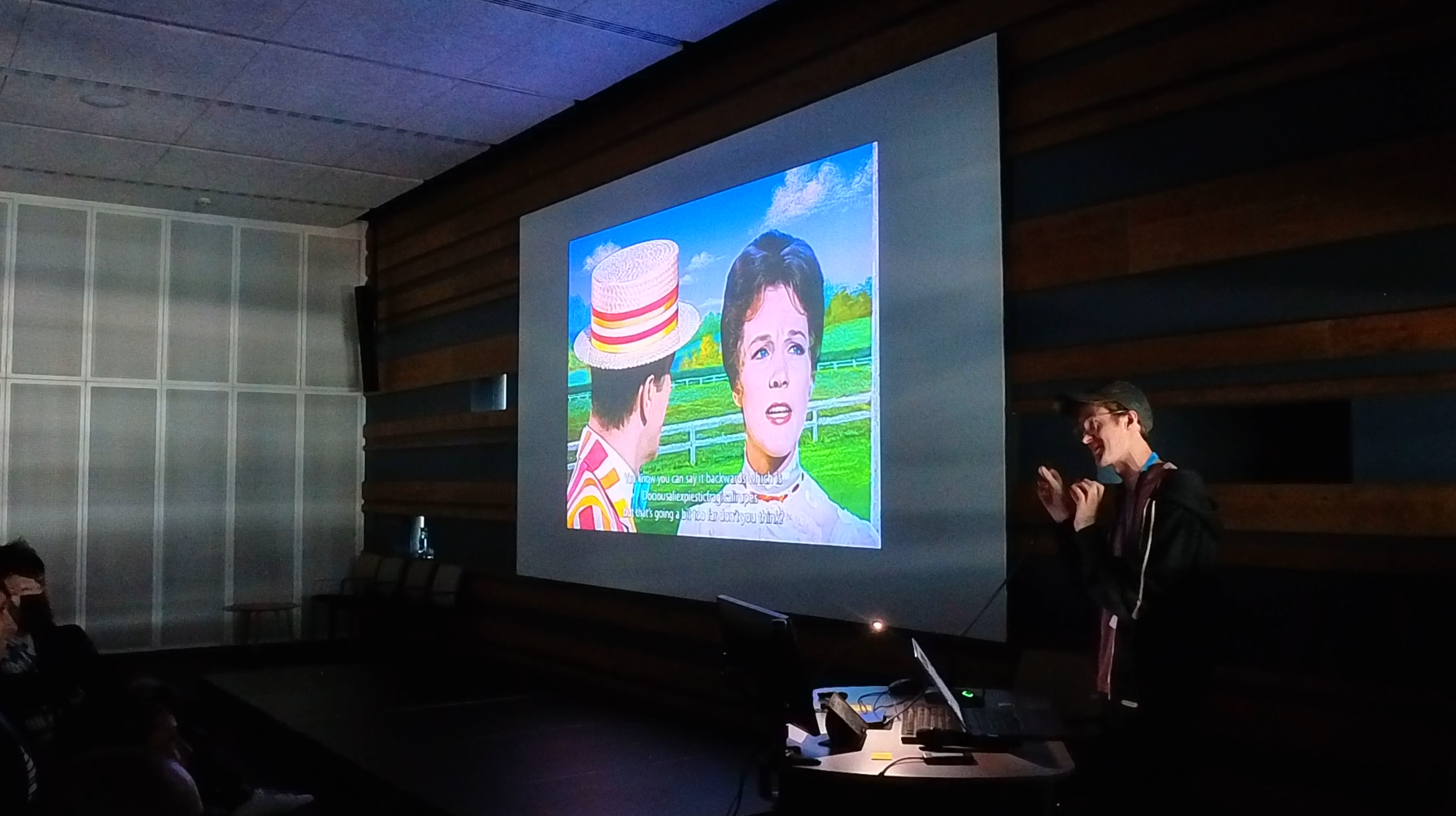 Presenting BackChat at xCoAx 2025 in Dundee, with Mary Poppins on the screen
