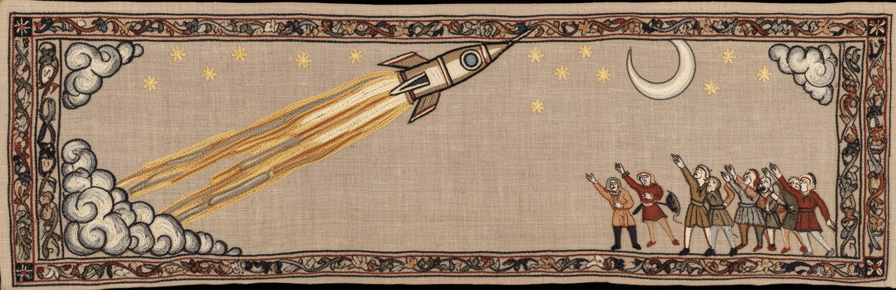 A Bayeux style embroidery of a rocket launching into a starry sky, watched by a group of figures pointing upwards