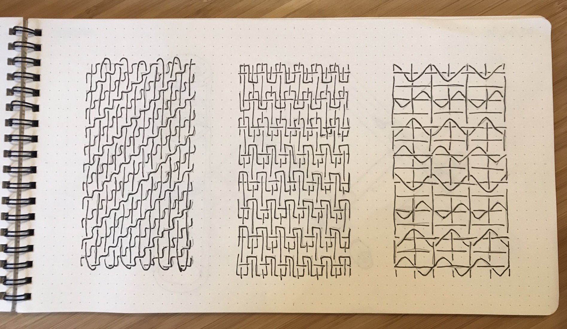 Three hand-drawn braid patterns in a sketchbook