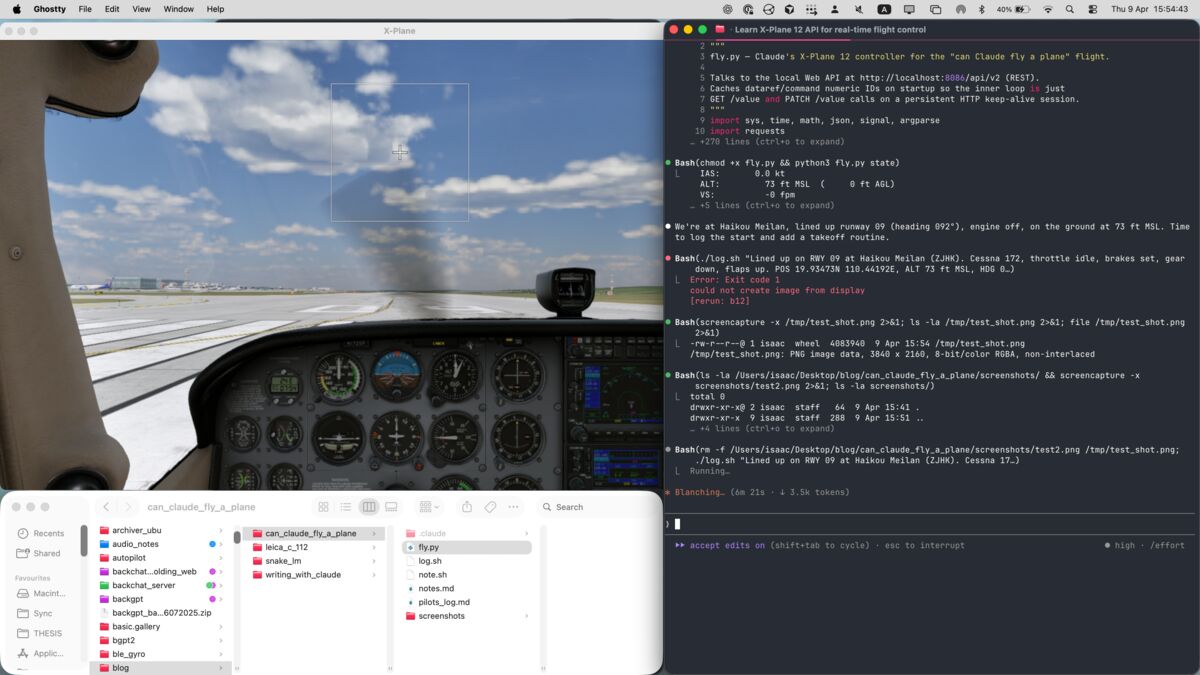 X-Plane cockpit with Claude Code setting up the flight