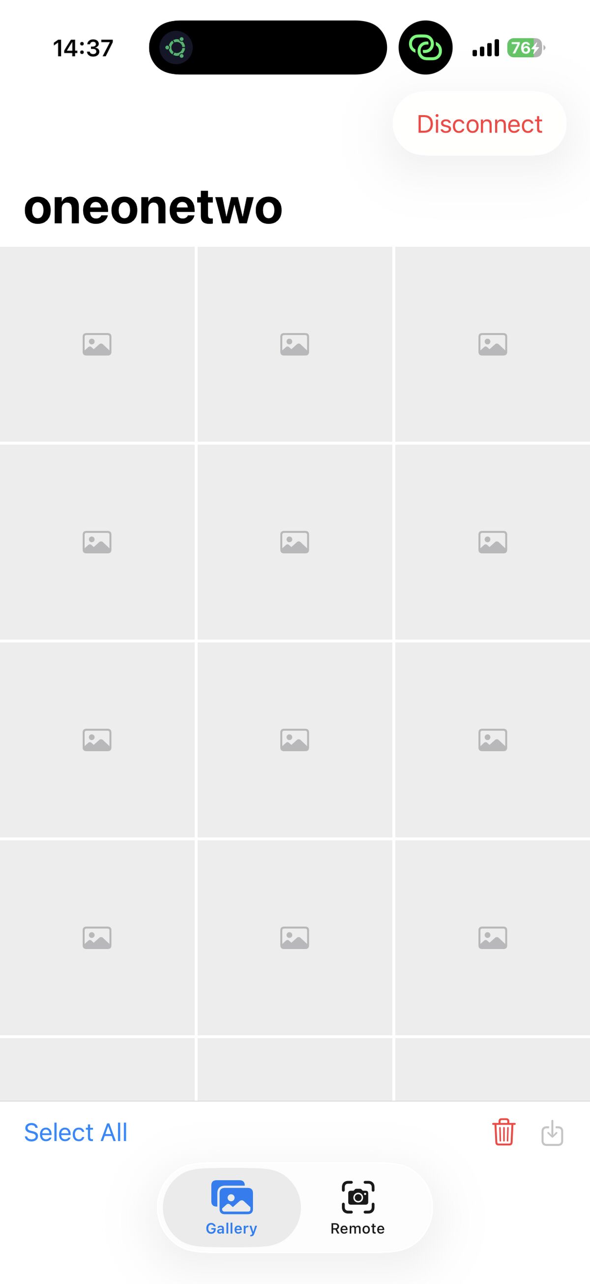 iPhone app connected to camera showing gallery