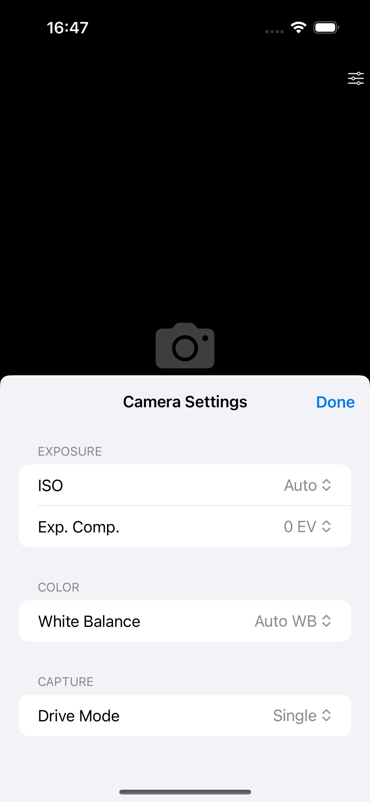iPhone app camera settings