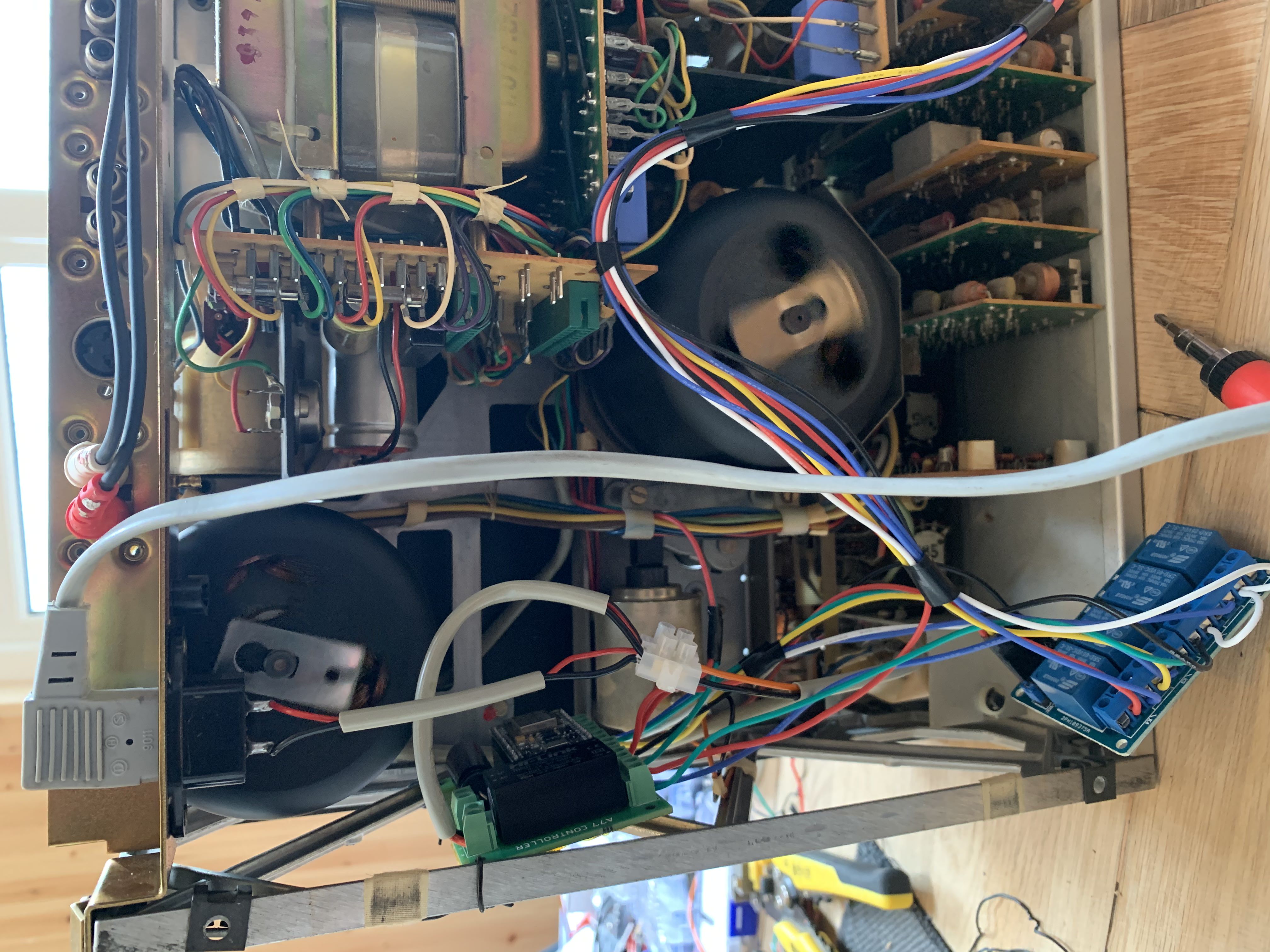 The relays spliced into the player's controller cabling