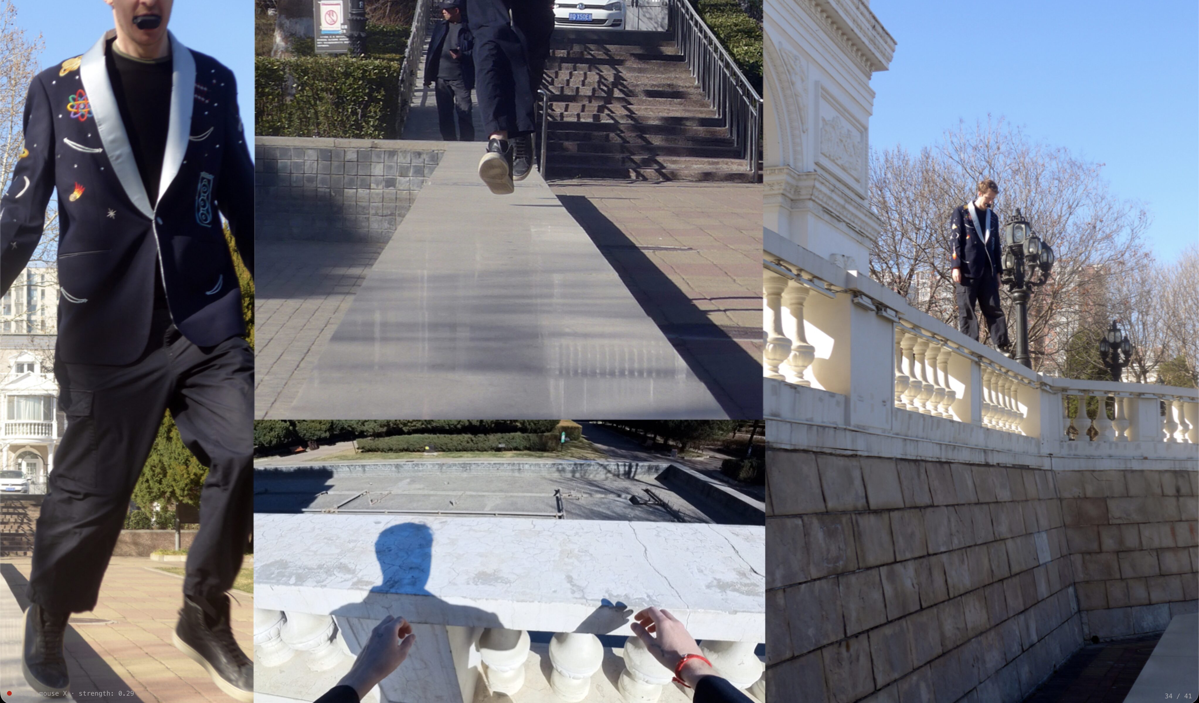 A grid of frames from the video: wearing the jacket, camera in mouth, jumping and balancing on the balustrade