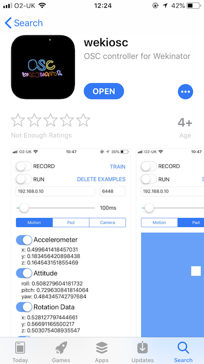The iOS app showing live sensor values