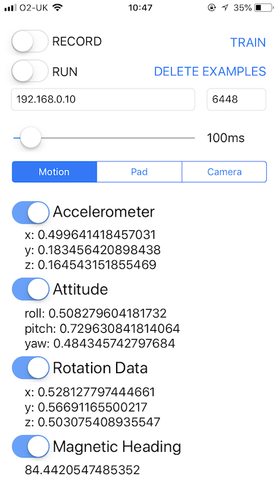 The app's control interface for recording, training and running